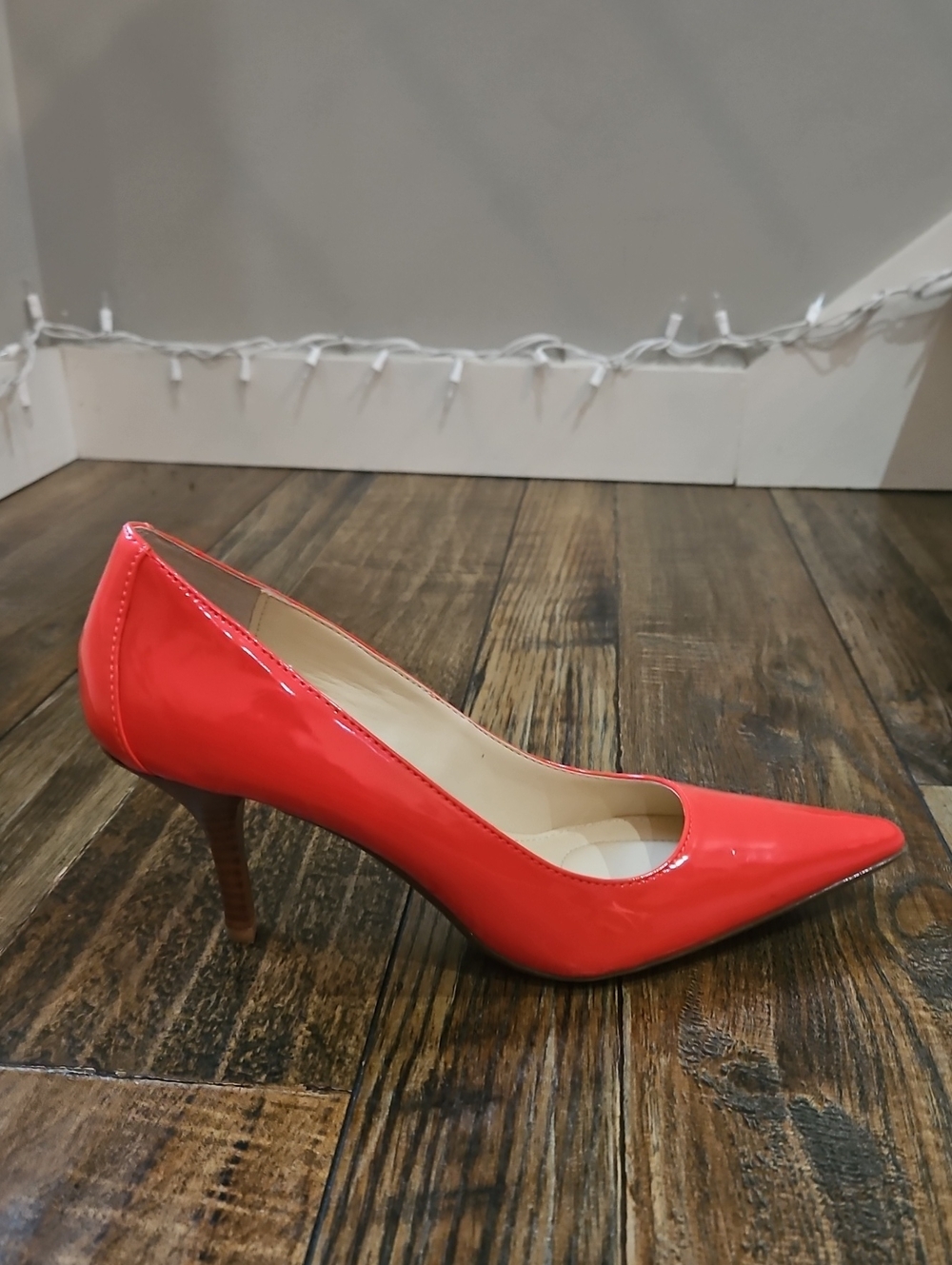 Calvin Klein Dolly Coral Patent Leather  Pointed-Toe Pumps Stacked Heel